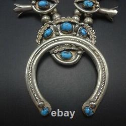 Signed Vintage NAVAJO Sterling Silver BLUE Turquoise SQUASH BLOSSOM Necklace