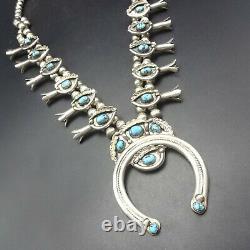 Signed Vintage NAVAJO Sterling Silver BLUE Turquoise SQUASH BLOSSOM Necklace