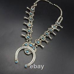 Signed Vintage NAVAJO Sterling Silver BLUE Turquoise SQUASH BLOSSOM Necklace