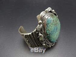 Signed Vintage NAVAJO Sterling Silver & Huge Webbed TURQUOISE Cuff BRACELET 94g