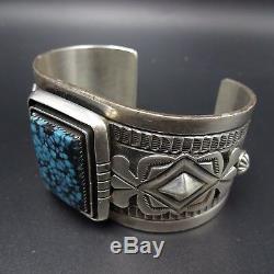 Signed Vintage NAVAJO Sterling Silver & Lone Mountain TURQUOISE BRACELET 118g