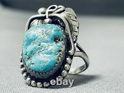 Signed Vintage Navajo Blue Gem Turquoise Sterling Silver Ring