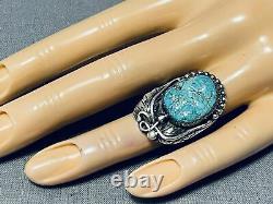 Signed Vintage Navajo Blue Gem Turquoise Sterling Silver Ring