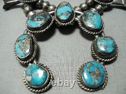 Signed Vintage Navajo Morenci Turquoise Sterling Silver Squash Blossom Necklace