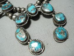 Signed Vintage Navajo Morenci Turquoise Sterling Silver Squash Blossom Necklace