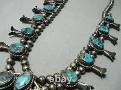 Signed Vintage Navajo Morenci Turquoise Sterling Silver Squash Blossom Necklace