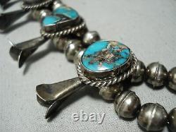 Signed Vintage Navajo Morenci Turquoise Sterling Silver Squash Blossom Necklace