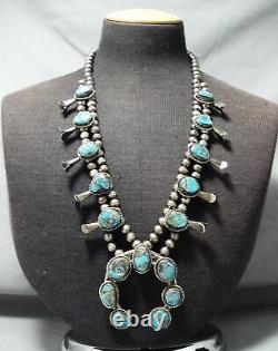 Signed Vintage Navajo Morenci Turquoise Sterling Silver Squash Blossom Necklace