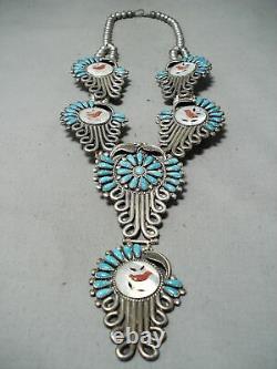 Signed Vintage Navajo Museum Turquoise Sterling Silver Squash Blossom Necklace