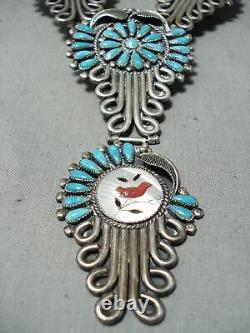 Signed Vintage Navajo Museum Turquoise Sterling Silver Squash Blossom Necklace