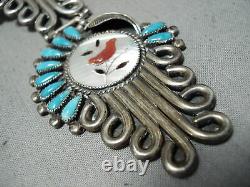 Signed Vintage Navajo Museum Turquoise Sterling Silver Squash Blossom Necklace