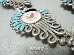 Signed Vintage Navajo Museum Turquoise Sterling Silver Squash Blossom Necklace