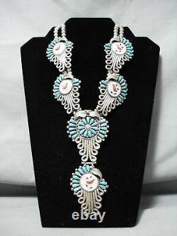 Signed Vintage Navajo Museum Turquoise Sterling Silver Squash Blossom Necklace
