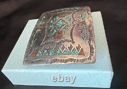 Signed Vintage Navajo Nakai Sterling Silver Inlay Turquoise Coral Belt Buckle