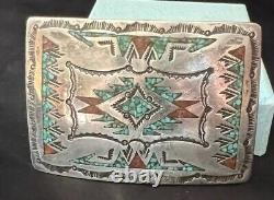 Signed Vintage Navajo Nakai Sterling Silver Inlay Turquoise Coral Belt Buckle