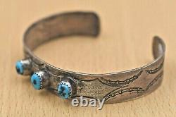 Signed Vintage Navajo Old Pawn Hand Tooled Turquoise Sterling Silver Bracelet