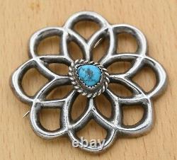 Signed Vintage Navajo Old Pawn Sandcast Sterling Silver Natural Turquoise Brooch