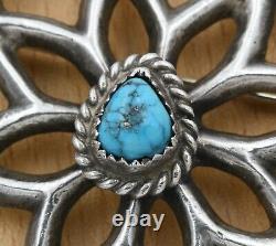 Signed Vintage Navajo Old Pawn Sandcast Sterling Silver Natural Turquoise Brooch