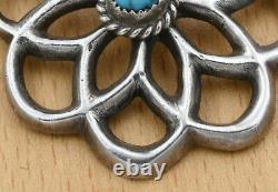 Signed Vintage Navajo Old Pawn Sandcast Sterling Silver Natural Turquoise Brooch