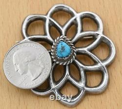 Signed Vintage Navajo Old Pawn Sandcast Sterling Silver Natural Turquoise Brooch