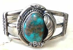 Signed Vintage Navajo Spiderweb Turquoise & Sterling Silver Bracelet