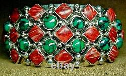 Signed Vintage Navajo Sterling Silver Turquoise Spiny Oyster Wide Cuff Bracelet