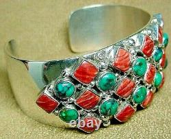 Signed Vintage Navajo Sterling Silver Turquoise Spiny Oyster Wide Cuff Bracelet