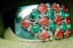 Signed Vintage Navajo Sterling Silver Turquoise Spiny Oyster Wide Cuff Bracelet