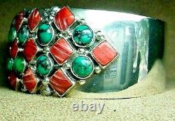 Signed Vintage Navajo Sterling Silver Turquoise Spiny Oyster Wide Cuff Bracelet