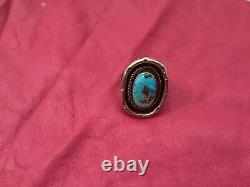 Signed Vintage Navajo Turquoise Sterling Silver Ring Old 13 1/2