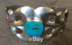 Signed Vintage Navajo Turquoise & Sterling Silver Sandcast Cuff Bracelet