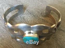 Signed Vintage Navajo Turquoise & Sterling Silver Sandcast Cuff Bracelet