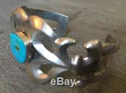 Signed Vintage Navajo Turquoise & Sterling Silver Sandcast Cuff Bracelet