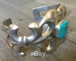 Signed Vintage Navajo Turquoise & Sterling Silver Sandcast Cuff Bracelet