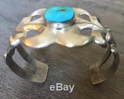 Signed Vintage Navajo Turquoise & Sterling Silver Sandcast Cuff Bracelet