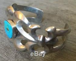 Signed Vintage Navajo Turquoise & Sterling Silver Sandcast Cuff Bracelet