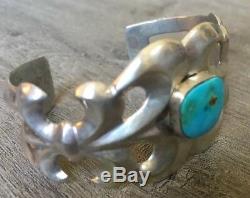 Signed Vintage Navajo Turquoise & Sterling Silver Sandcast Cuff Bracelet