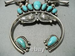 Signed Women's Vintage Navajo Turquoise Sterling Silver Squash Blossom Necklace