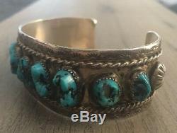 Signed/stamped Vintage Navajo Kingman Turquoise & Sterling Silver Row Bracelet