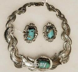 Squash Blossom Navajo Sterling Silver And Turquoise Necklace Vintage. Signed