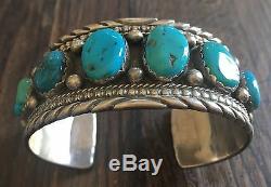 Stamped Heavy (2.59 Oz.) Vintage Navajo Kingman Turquoise & Sterling Row Cuff