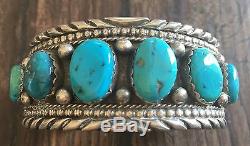 Stamped Heavy (2.59 Oz.) Vintage Navajo Kingman Turquoise & Sterling Row Cuff