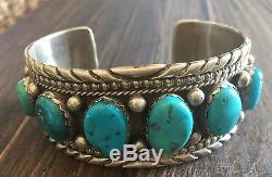 Stamped Heavy (2.59 Oz.) Vintage Navajo Kingman Turquoise & Sterling Row Cuff