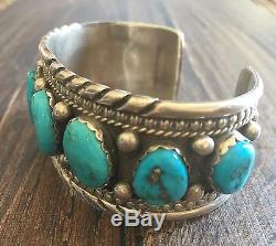 Stamped Heavy (2.59 Oz.) Vintage Navajo Kingman Turquoise & Sterling Row Cuff