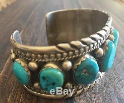 Stamped Heavy (2.59 Oz.) Vintage Navajo Kingman Turquoise & Sterling Row Cuff