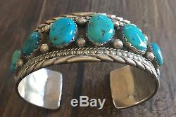 Stamped Heavy (2.59 Oz.) Vintage Navajo Kingman Turquoise & Sterling Row Cuff