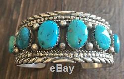 Stamped Heavy (2.59 Oz.) Vintage Navajo Kingman Turquoise & Sterling Row Cuff