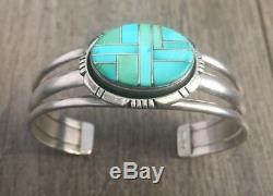 Stamped Vintage Navajo Turquoise & Sterling Silver Channel Inlay Cuff Bracelet