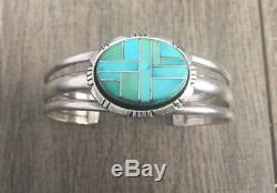 Stamped Vintage Navajo Turquoise & Sterling Silver Channel Inlay Cuff Bracelet