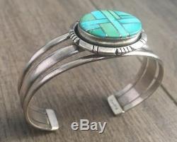 Stamped Vintage Navajo Turquoise & Sterling Silver Channel Inlay Cuff Bracelet